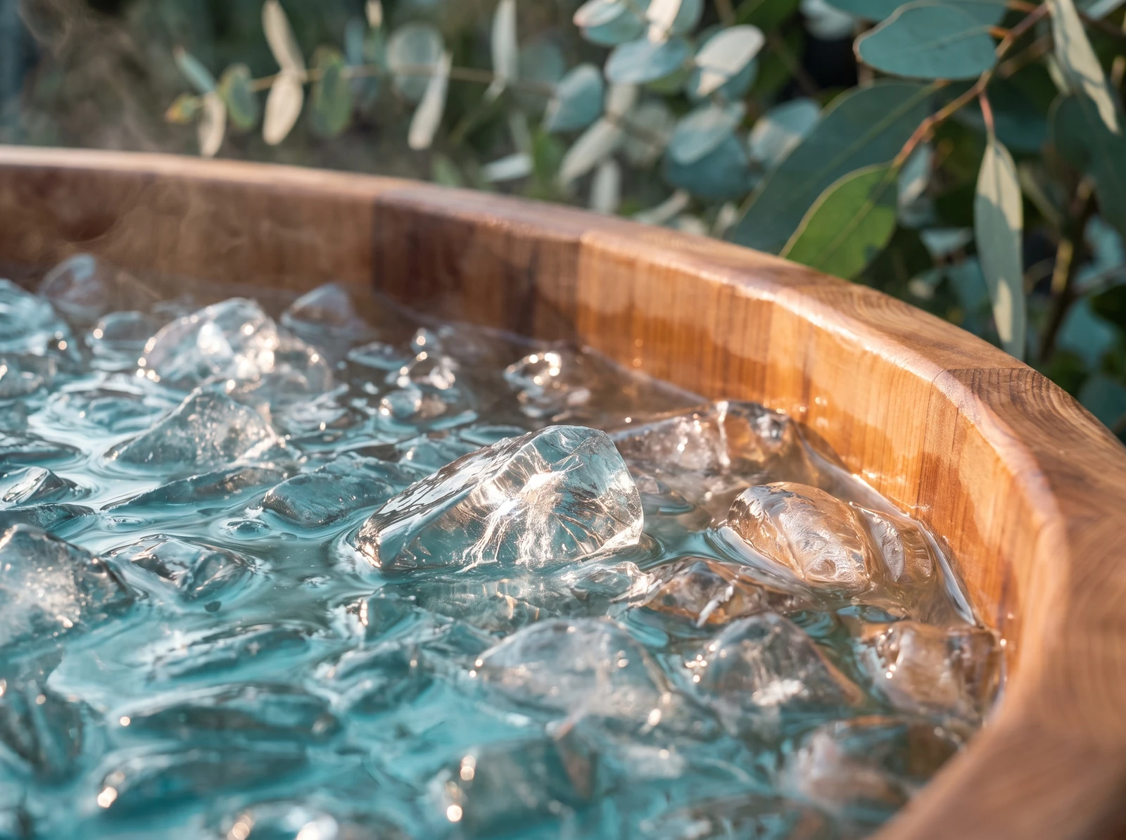 Sunlit ice floating in a wooden plunge tub