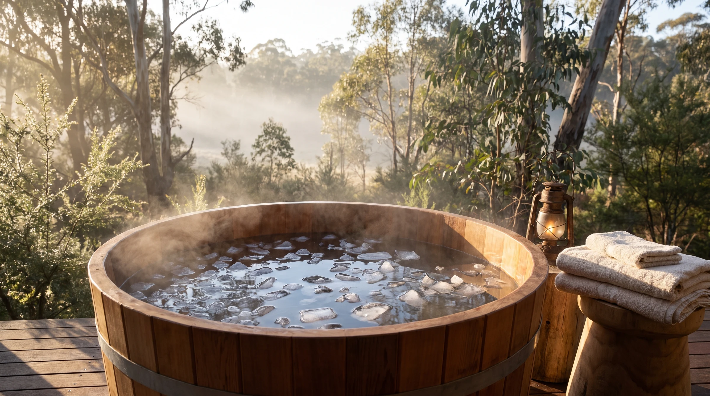 A wooden ice bath steaming in morning eucalyptus bushland