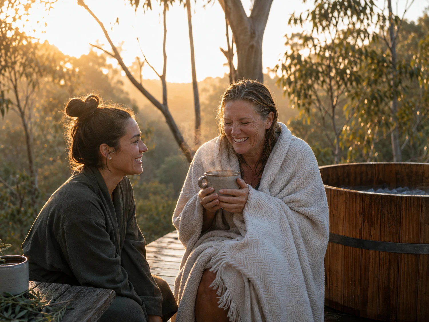A woman wrapped in a blanket laughing with a warm tea after the ice bath