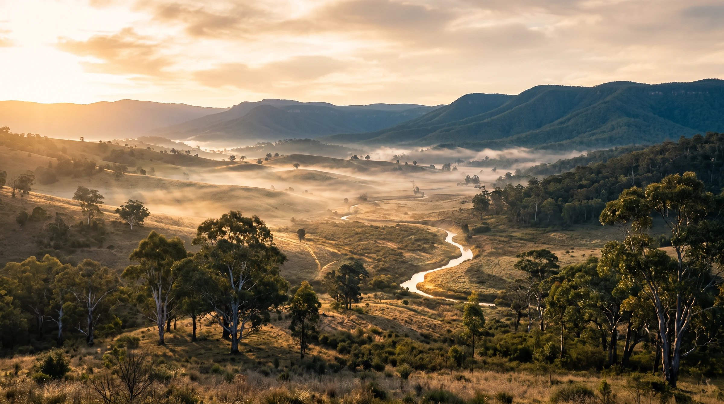 Golden morning mist over a wild valley