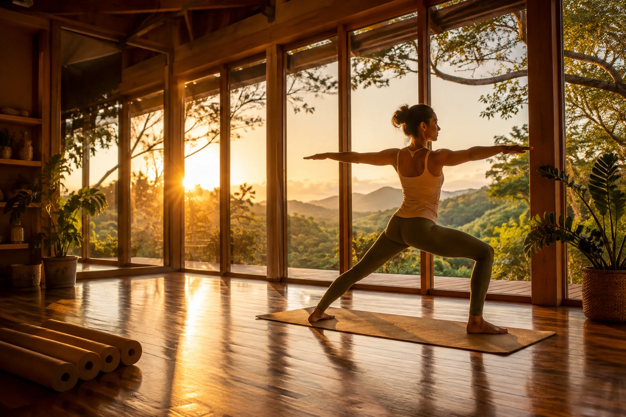 A serene sunlit yoga studio at golden hour